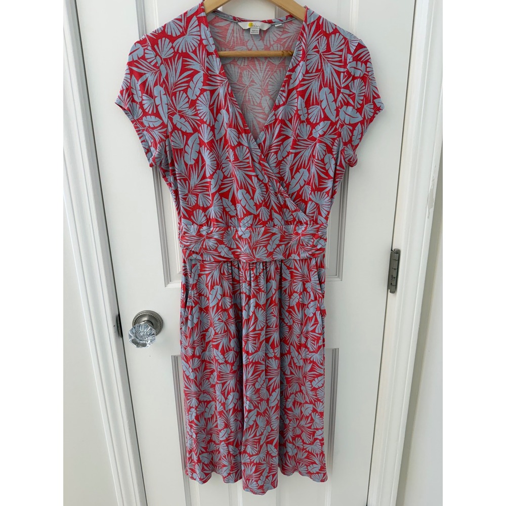 Boden Tropical Leaf Faux Wrap Dress Red Blue 8R Jersey Stretch Pockets J0592